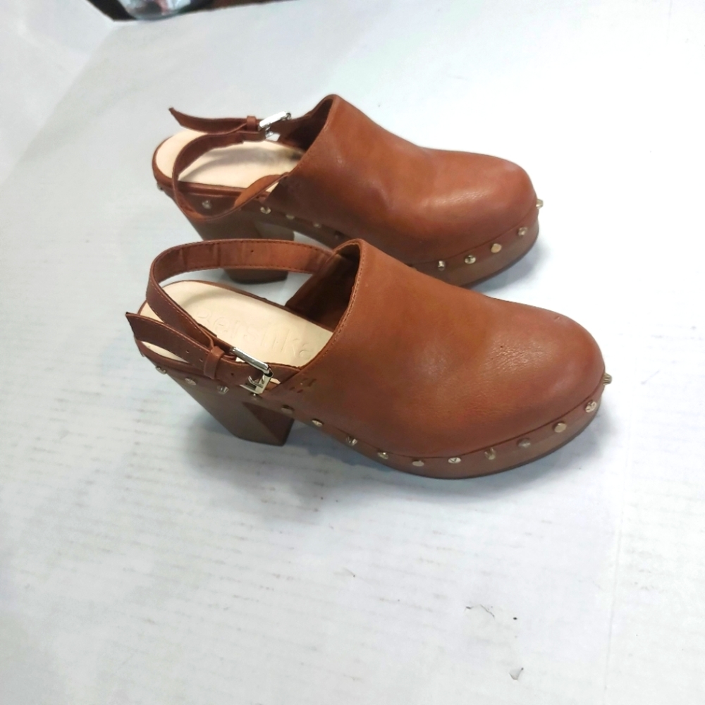BERSHKA High Heels Gold Studded Briwn Clog Sandals Size 39